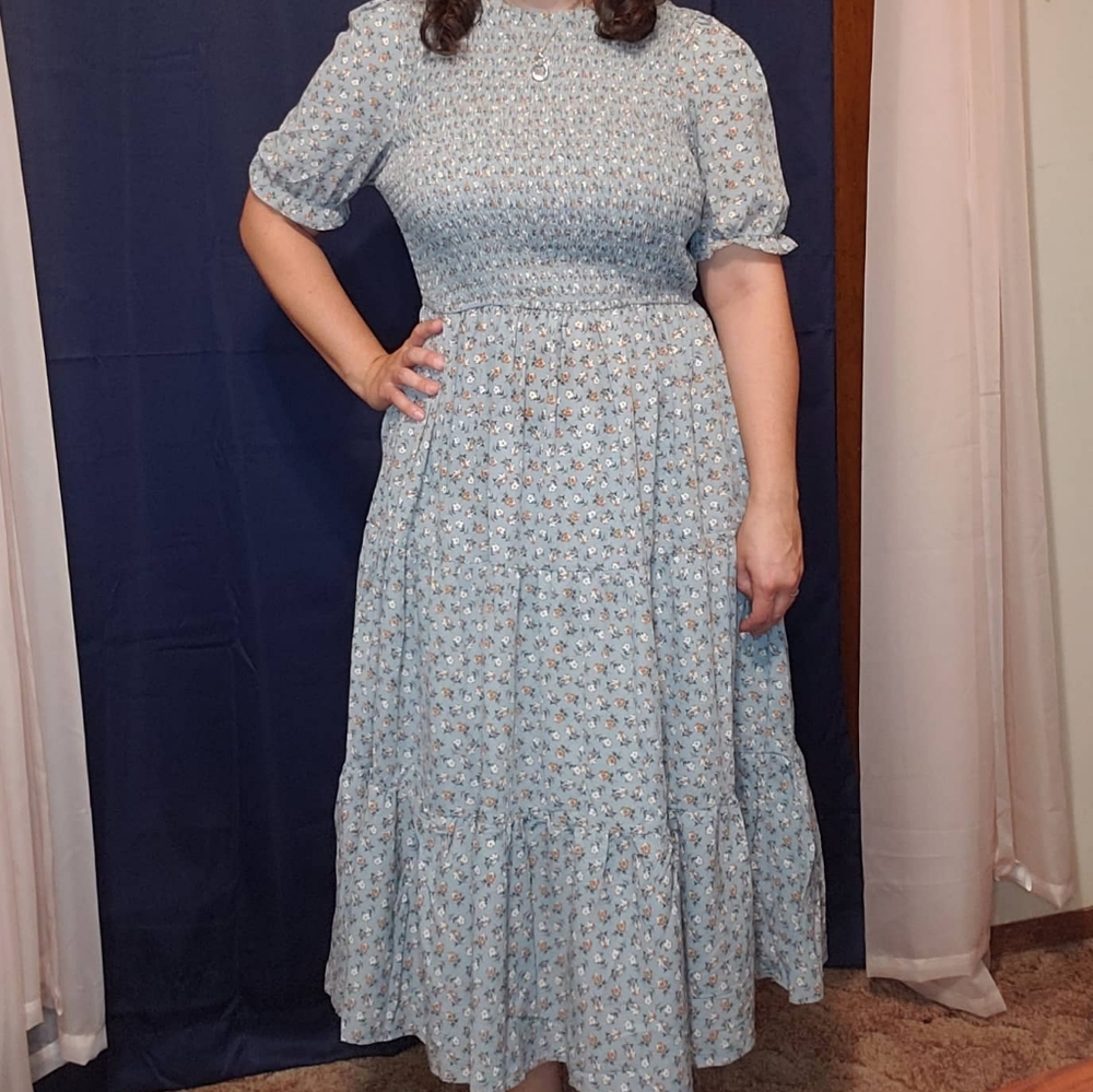 Blue Smocked Floral Dress